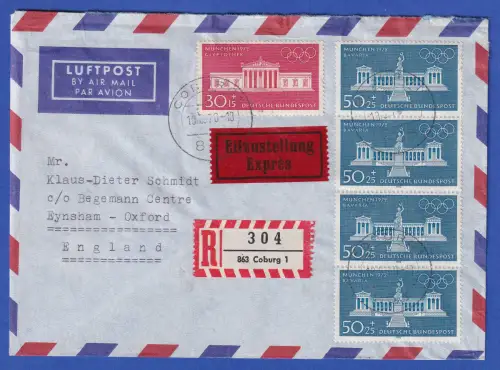 Bund 1970 Olympiade Mi.-Nr. 626,627 4erStreifen in MiF a. LP-R-Eilbrief O COBURG