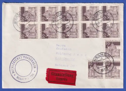 Bund 1967 Bauwerke Dresden Mi.-Nr. 490 (13mal) als MEF auf Eilbrief O WEILHEIM