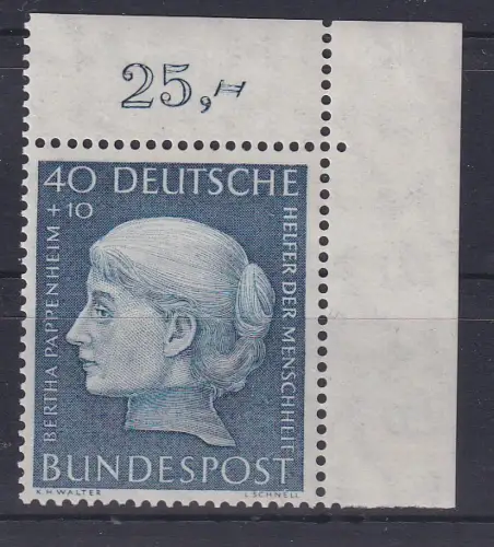 Bund 1954 Helfer der Menschheit 40+20 Pfg Mi.-Nr. 203 Eckrandstück OR postfr. **