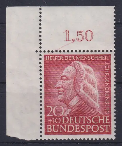 Bund 1953 Helfer der Menschheit 20+10 Pf  Mi-Nr. 175 Eckrandstück OL **