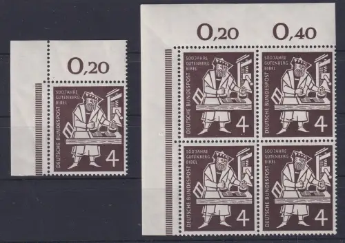 Bund 1954 Gutenberg Mi-Nr. 198 Eckrandstück und ER-4er-Block OL postfrisch **