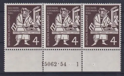 Bund 1954 Gutenberg Mi-Nr. 198 Unterrand-3er Streifen mit HAN 15062.54 1 **