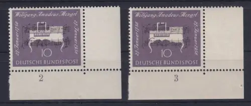 Bund 1956 Mozart Mi.-Nr. 228, 2 Eckrandstücke UR mit Formnummern 2 und 3 **
