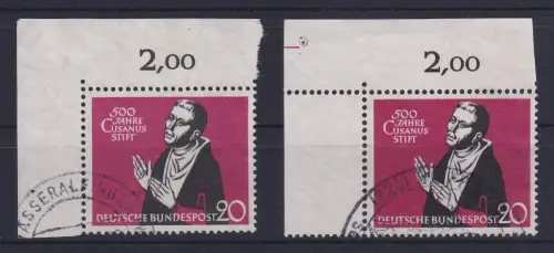 Bund 1958 Cusanusstift Mi.-Nr. 301, 2 Eckrandstücke OL dgz und ndgz O