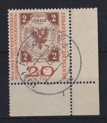 Bund 1959 INTERPOSTA Mi.-Nr. 311b Eckrandstück mit Formnummer 1 O AUGSBURG