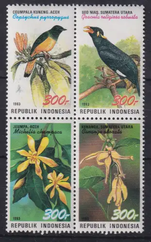 Indonesien 1993 Vögel und Blumen Mi.-Nr. 1493-96 Viererblock  ** / MNH