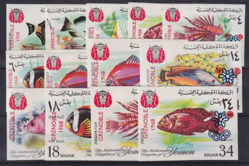Jemen 1968 Fische mit Aufdruck GRENOBLE Mi.-Nr. 434-446 I B Satz ** / MNH