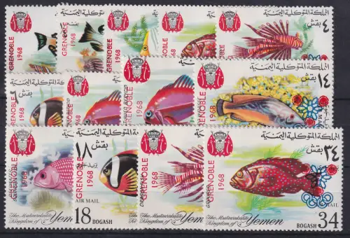 Jemen 1968 Fische mit Aufdruck GRENOBLE Mi.-Nr. 434-446 I A Satz ** / MNH