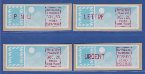 Frankreich ATM Taube C001.75628 Paris 28 Satz 6.Tarif spitze Ecken lilarot  **