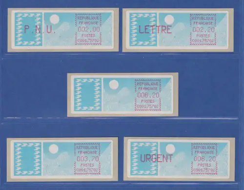 Frankreich ATM Taube C001.75702 Paris 102 Satz 9.Tarif spitze Ecken lilarot **