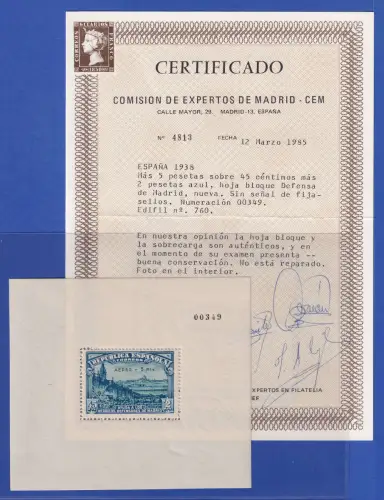 Spanien 1938 Verteidigung v. Madrid Mi.-Nr. Block 2 postfr. ** Attest CEM Madrid