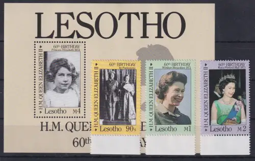 Lesotho 1986 Königin Elisabeth II Block 33 und 3 Werte Mi.Nr. 580-82 ** / MNH