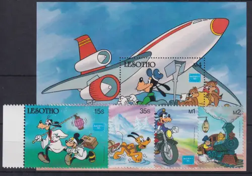 Lesotho 1986 Walt Disney Blockausgabe und 4 Werte ** / MNH