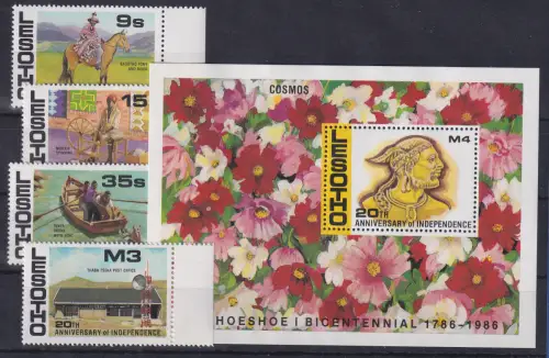 Lesotho 1986 20. Jahre Unabhängigkeit Blockausgabe und 4 Werte ** / MNH