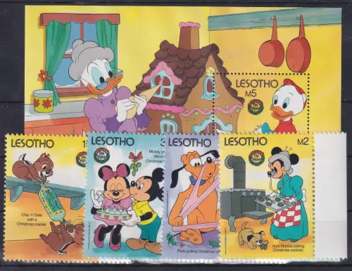 Lesotho Walt Disney Weihnachten 1986 Blockausgabe und 4 Werte ** / MNH