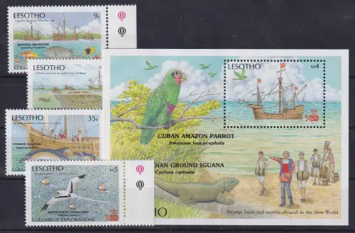 Lesotho 1987 500. Jahrestag Amerika Bl. 46 u. 4 Werte Mi.Nr. 666-69 ** / MNH