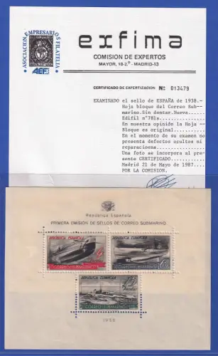 Spanien 1938 U-Boot-Post Mi.-Nr. Block 5 postfrisch ** Attest exfima Madrid