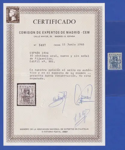 Spanien Freimarke 1936 Wappen Mi.-Nr. 750 postfrisch ** Attest CEM Madrid