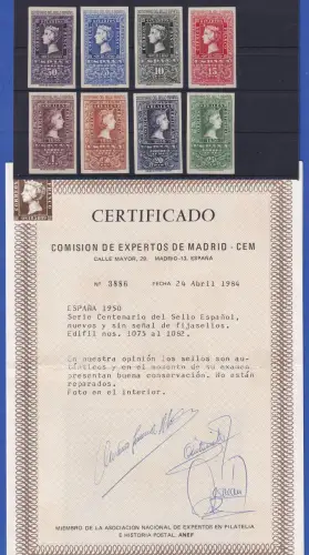 Spanien 1950 Briefmarkenjubiläum Mi.-Nr. 975-982 postfrisch ** Attest CEM Madrid