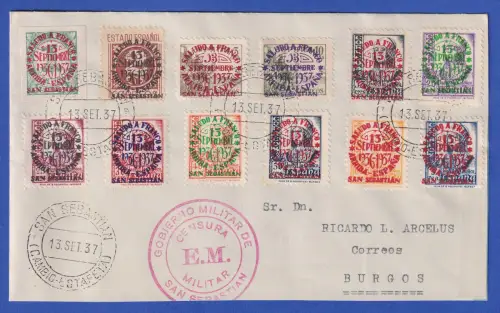 Spanien 1937 Lokalausgabe San Sebastián 12 Werte ex Mi.-Nr. 33-47 a. Zensurbrief