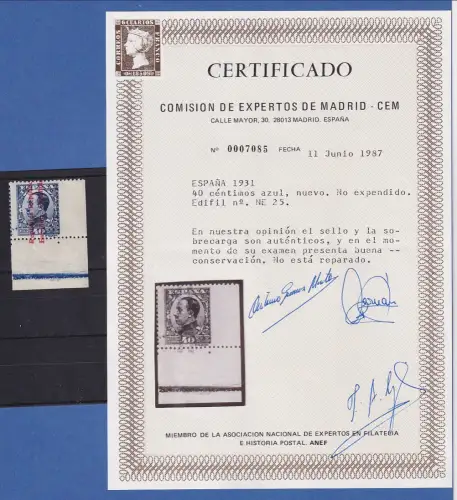 Spanien 1931 Republik vert. Aufdruck auf 40C Type I Edifil Nr. NE 25  Ecke ** 