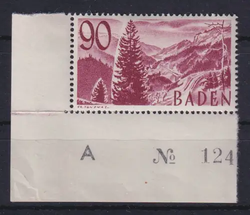 Franz. Zone Baden Freimarke 90Pfg Mi.-Nr. 37 aus der Bogenecke UL  **