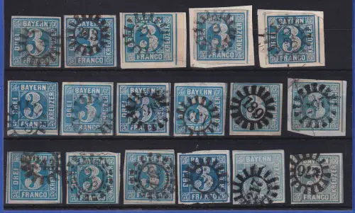 Bayern 3 Kr blau Mi.-Nr. 2 II  Lot 17 Stück alle mit Mühlrad-O