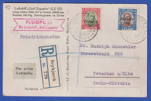 Island 1931 Zeppelin-Post Mi.-Nr. 147, 148 auf LP-R-Postkarte O REYKJAVIK
