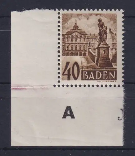 Franz. Zone Baden Freimarke 40Pfg Mi.-Nr. 35 aus der Bogenecke UL  **
