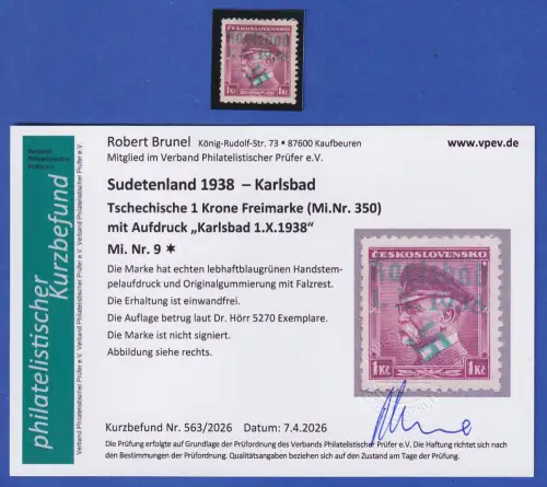 Sudetenland 1938 Karlsbad Mi.-Nr. 9 ungebraucht * KB BRUNEL 