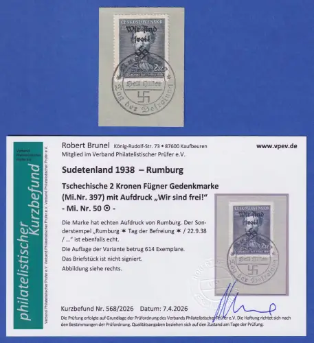 Sudetenland 1938 Rumburg Mi.-Nr. 50 So.-O RUMBURG auf Briefstück KB BRUNEL 