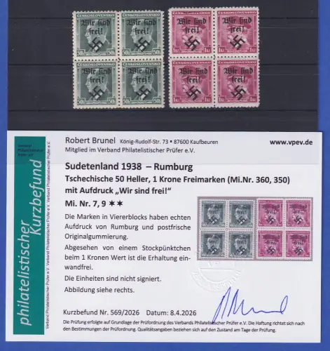 Sudetenland 1938 Rumburg Mi.-Nr. 7 und 9 je Viererblock postfrisch ** KB BRUNEL 