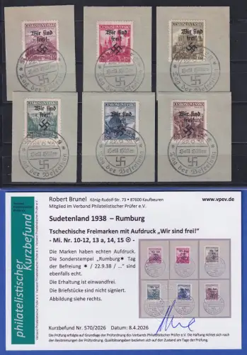 Sudetenland Rumburg Mi.-Nr. 10-15 mit So.-O RUMBURG auf Briefstücken KB BRUNEL 