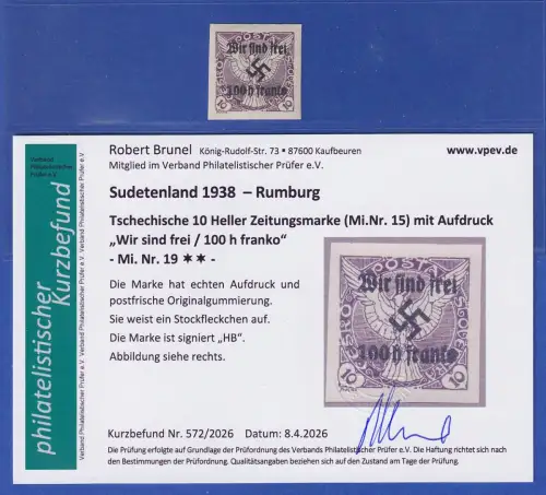 Sudetenland Rumburg 1938 Mi.-Nr. 19 postfrisch ** KB BRUNEL 
