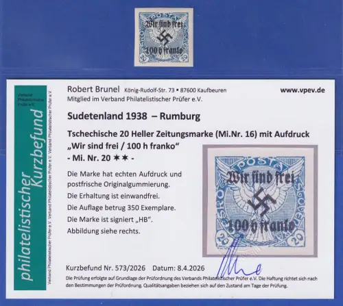 Sudetenland Rumburg 1938 Mi.-Nr. 20 postfrisch ** KB BRUNEL 