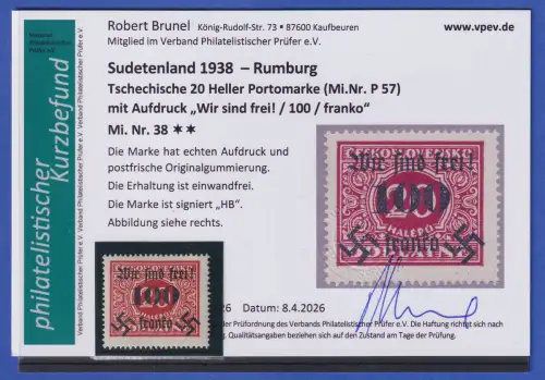 Sudetenland Rumburg 1938 Mi.-Nr. 38 postfrisch ** KB BRUNEL 