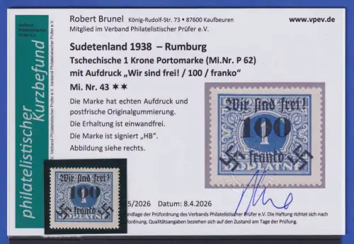 Sudetenland Rumburg 1938 Mi.-Nr. 43 postfrisch ** KB BRUNEL 