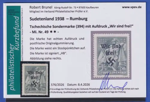 Sudetenland Rumburg 1938 Mi.-Nr. 49 postfrisch ** KB BRUNEL 