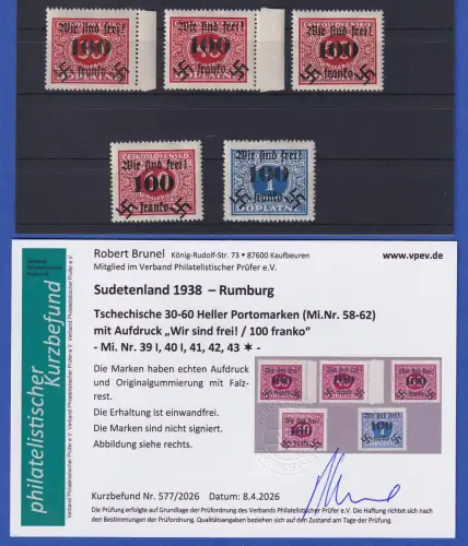 Sudetenland Rumburg 1938 Mi.-Nr. 39-43 ungebraucht * KB BRUNEL 
