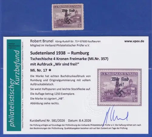 Sudetenland Rumburg 1938 Mi.-Nr. 17 ungebraucht * KB BRUNEL 
