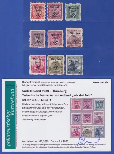 Sudetenland Rumburg 1938 Mi.-Nr. 3, 5, 7-12, 14 ungebraucht * KB BRUNEL 