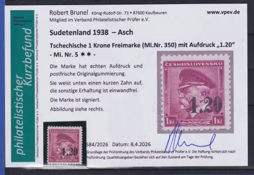 Sudetenland Asch 1938 Mi.-Nr. 5 postfrisch ** KB BRUNEL 