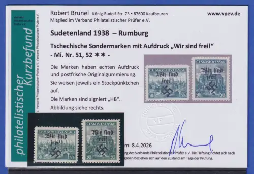 Sudetenland Rumburg 1938 Mi.-Nr. 51 und 52 postfrisch ** KB BRUNEL 