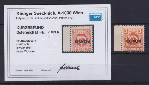 Österreich 1946 Portomarke Aufdruck kopfstehend Mi-Nr. 189 K ** KB SOECKNICK BPP