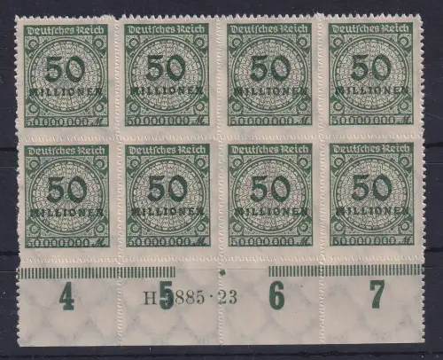 Dt. Reich 1923 Korbdeckel 50 Mio. Mi.-Nr. 321BP Unterrandachterblock mit HAN **