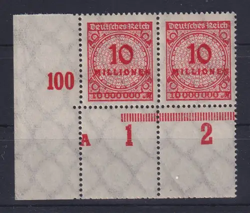 Dt. Reich 1923 Korbdeckel 10 Mio. Mi.-Nr. 318AP Eckrandpaar mit Leerfeldern **