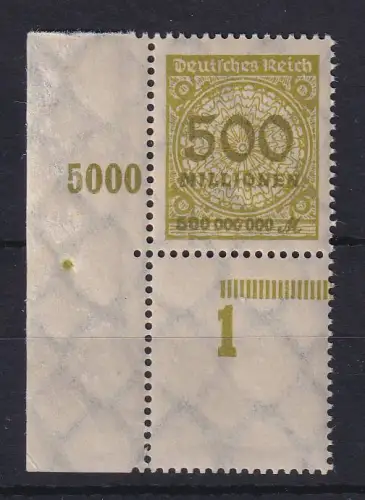 Dt. Reich 1923 Korbdeckel 500 Mio. Mi.-Nr. 324AP Bogenecke mit Leerfeld unten **