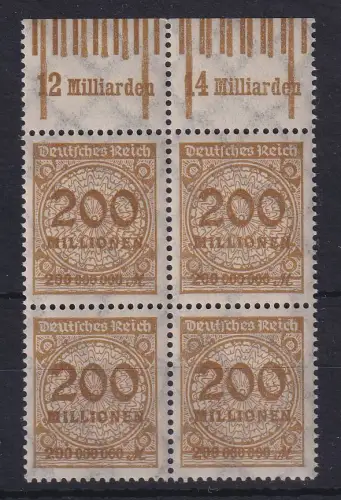 Dt. Reich 1923 Korbdeckel 200 Mio. Mi.-Nr. 323AWa Oberrandviererblock **