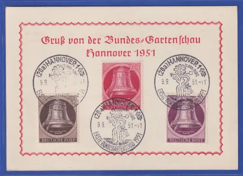Berlin 1951 Glocke Mi.-Nr. 75, 77, 79 auf Souvenir-Karte 1. BUGA So.-O HANNOVER