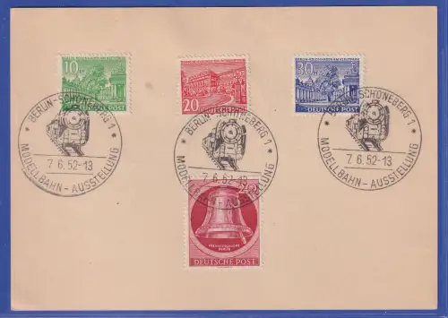 Souvenir-Karte Modellbahn-Ausstellung So.-O BERLIN-SCHÖNEBERG mit 4 Marken 1952